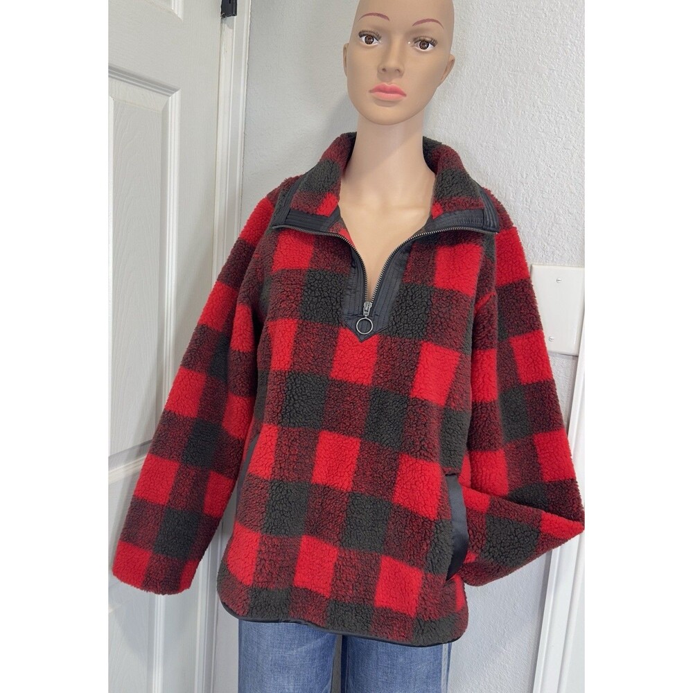 Abercrombie & Fitch Women’s S Sherpa Fleece Pullover Jacket Red Black Plaid - Picture 1 of 12